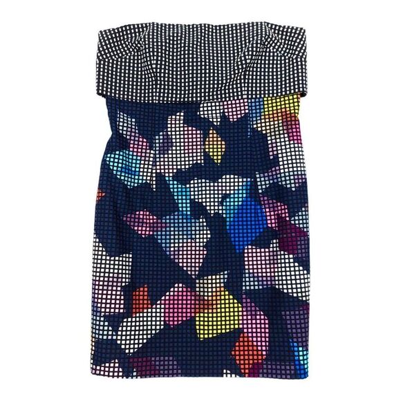 TRINA TURK Daja Strapless Fold Over Bandeau Mini Dress Black Geometric Print 6 - Picture 1 of 9